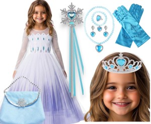 Strój Elsa Frozen z dodatkami (rękawiczki, berło, korona, warkocz)